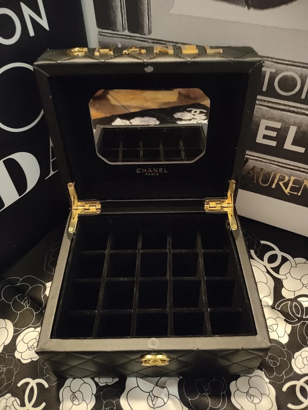 Black Quilted Jewelry Case with Gold Logo Accents And Mirror
